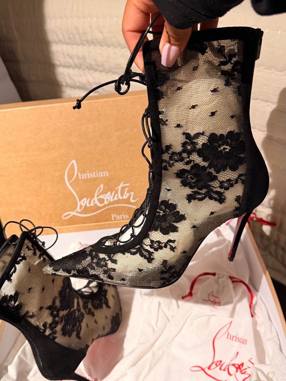 Christian Louboutin Black Lace Pointed Lace-Up Ankle Boots with Red Sole - Picture 7 of 10